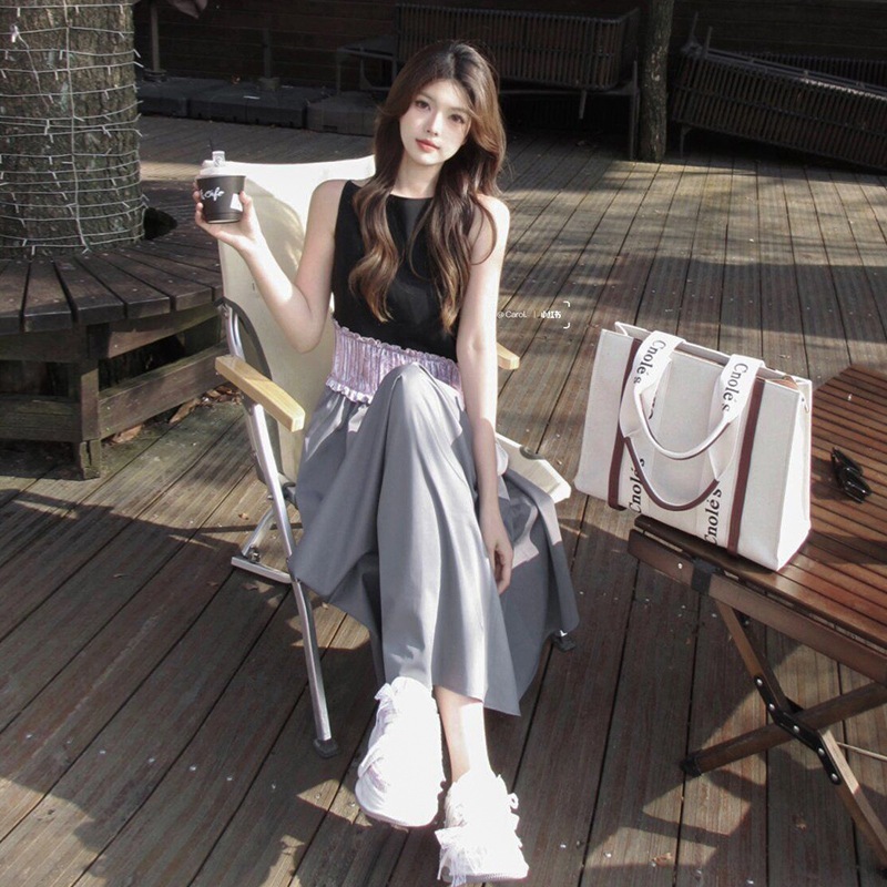 撞色継ぎ手ワンピース女 2025春夏新小人数デザイン感袖なしスリムA字ロングスカート 撞色継ぎ手ワンピース女 2025春夏新小人数デザイン感袖なしスリムA字ロングスカート