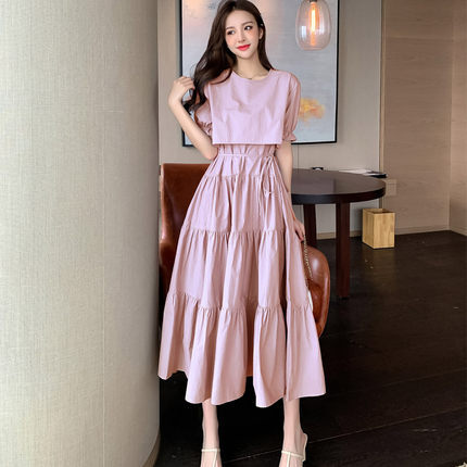 ドレス フェアリードレス ロング丈 半袖 パフスリーブ フレンチスリーブ ラウンドネック Aライン かわいい 大人可愛い きれいめ シンプル 大人 上品 おしゃれ 大人女子 キュート ガーリー