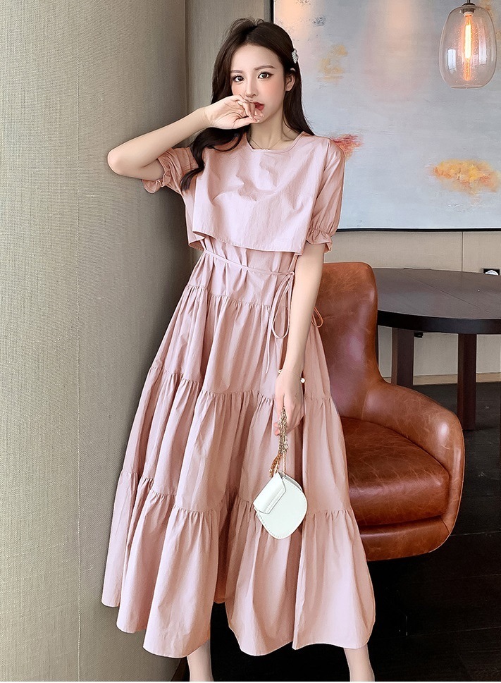 ドレス フェアリードレス ロング丈 半袖 パフスリーブ フレンチスリーブ ラウンドネック Aライン かわいい 大人可愛い きれいめ シンプル 大人 上品 おしゃれ 大人女子 キュート ガーリー