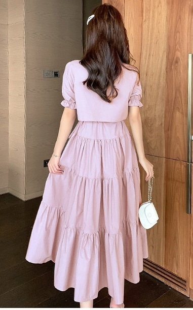 ドレス フェアリードレス ロング丈 半袖 パフスリーブ フレンチスリーブ ラウンドネック Aライン かわいい 大人可愛い きれいめ シンプル 大人 上品 おしゃれ 大人女子 キュート ガーリー