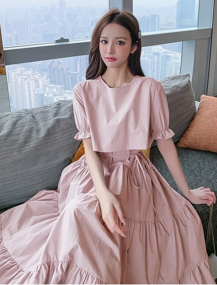ドレス フェアリードレス ロング丈 半袖 パフスリーブ フレンチスリーブ ラウンドネック Aライン かわいい 大人可愛い きれいめ シンプル 大人 上品 おしゃれ 大人女子 キュート ガーリー