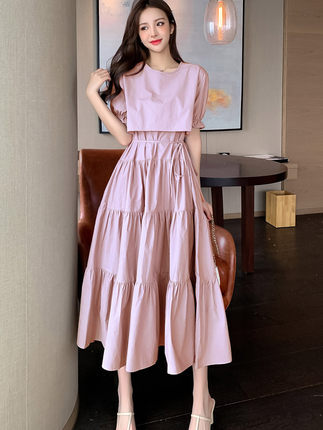 ドレス フェアリードレス ロング丈 半袖 パフスリーブ フレンチスリーブ ラウンドネック Aライン かわいい 大人可愛い きれいめ シンプル 大人 上品 おしゃれ 大人女子 キュート ガーリー