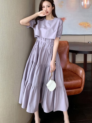 ドレス フェアリードレス ロング丈 半袖 パフスリーブ フレンチスリーブ ラウンドネック Aライン かわいい 大人可愛い きれいめ シンプル 大人 上品 おしゃれ 大人女子 キュート ガーリー