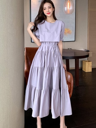ドレス フェアリードレス ロング丈 半袖 パフスリーブ フレンチスリーブ ラウンドネック Aライン かわいい 大人可愛い きれいめ シンプル 大人 上品 おしゃれ 大人女子 キュート ガーリー