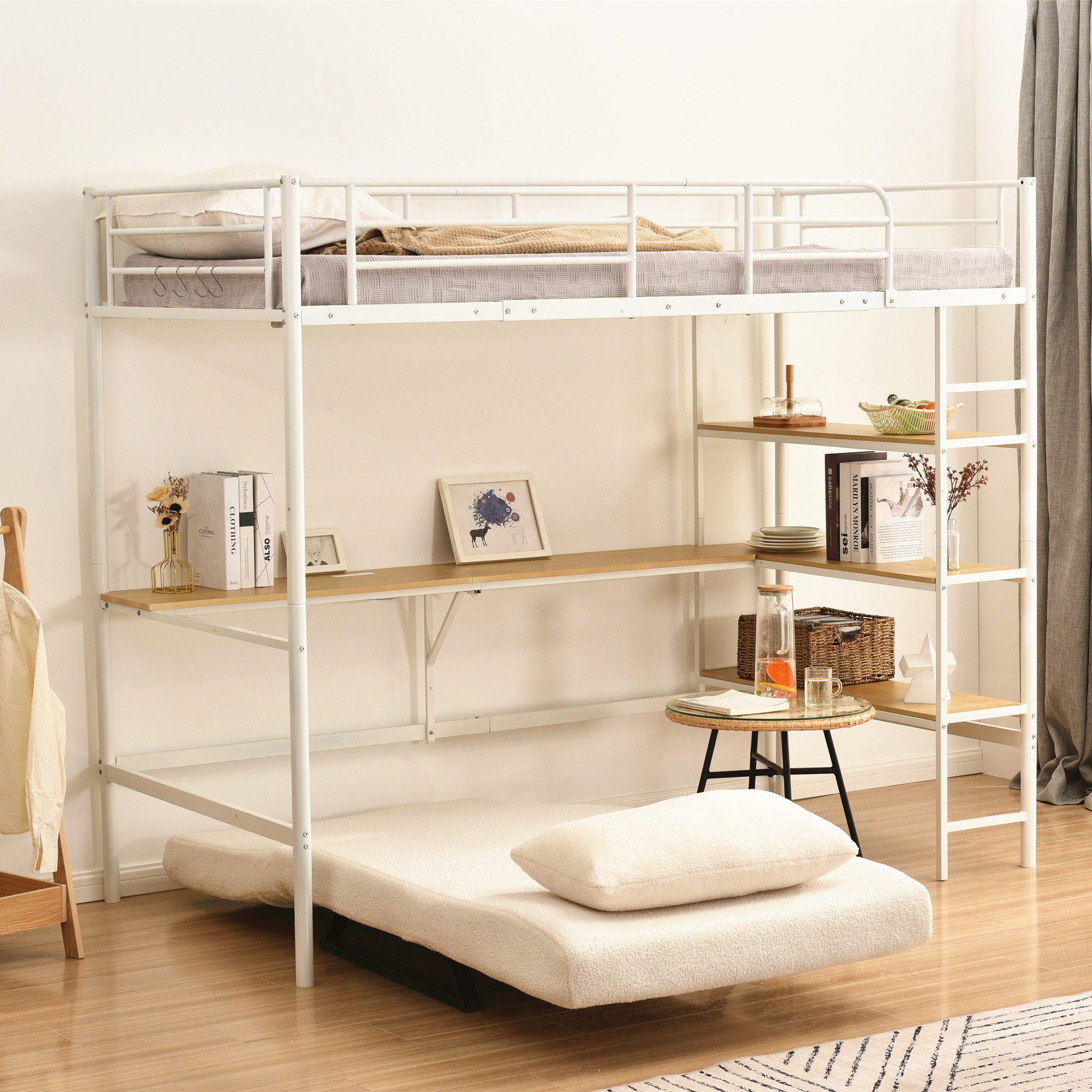 ロフトベッド シングル パイプベッド 収納棚 デスク付き 北欧風