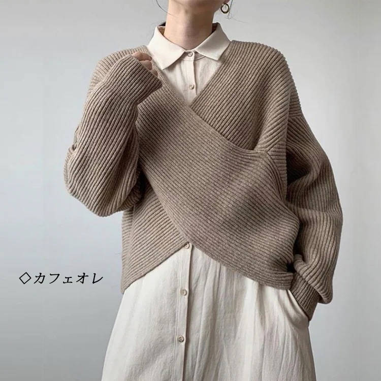 フロントクロスリブニット トップス ニットセーター Vネック プルオーバー 重ね着 レイヤード 着回し アイボリー カフェオレ ダークグレー ブラック レディース 防寒 寒さ対策 キレイめ オシャレ pattayablatt.com