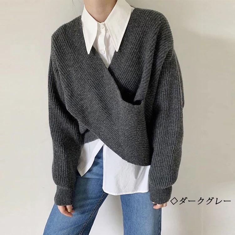 フロントクロスリブニット トップス ニットセーター Vネック プルオーバー 重ね着 レイヤード 着回し アイボリー カフェオレ ダークグレー ブラック レディース 防寒 寒さ対策 キレイめ オシャレ pattayablatt.com
