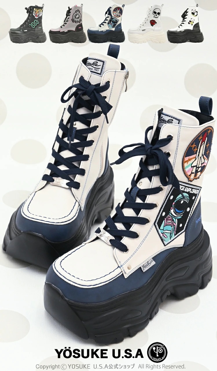 【公式SHOP特典キズ補修液付】 ヨースケ 厚底スニーカー レディース ハイカット ワッペンデザイン 厚底ブーツ 9cm 厚底フラットソール