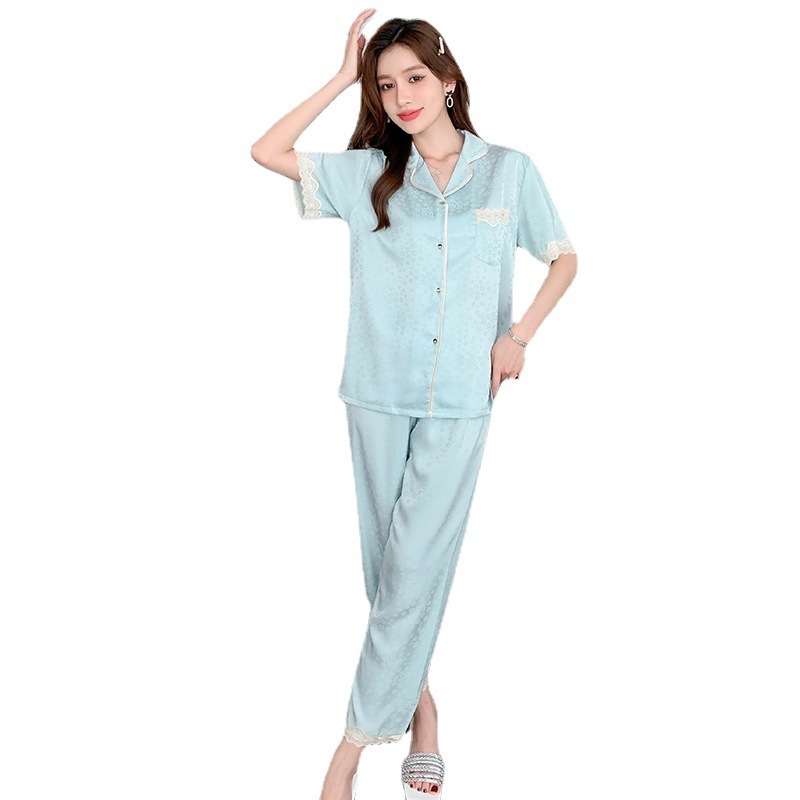 女性用アイスシルクパジャマ夏の半袖ズボン春と秋のホームウェア屋外で着用可能 2801 女性用アイスシルクパジャマ夏の半袖ズボン春と秋のホームウェア屋外で着用可能 2801