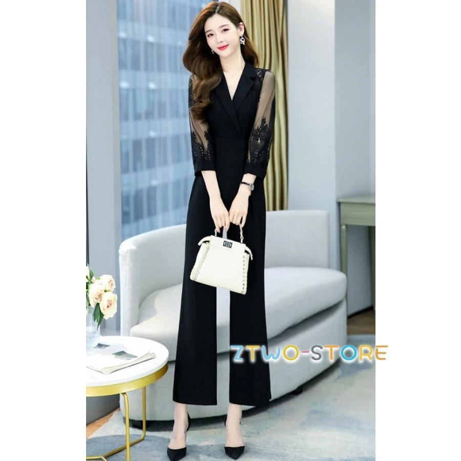 パンツドレス かっこいい パーティードレス 結婚式 お呼ばれドレス パンツ オールインワン レディース 大きいサイズ 3L 七分袖 袖あり 黒 白 レース袖 シアー袖