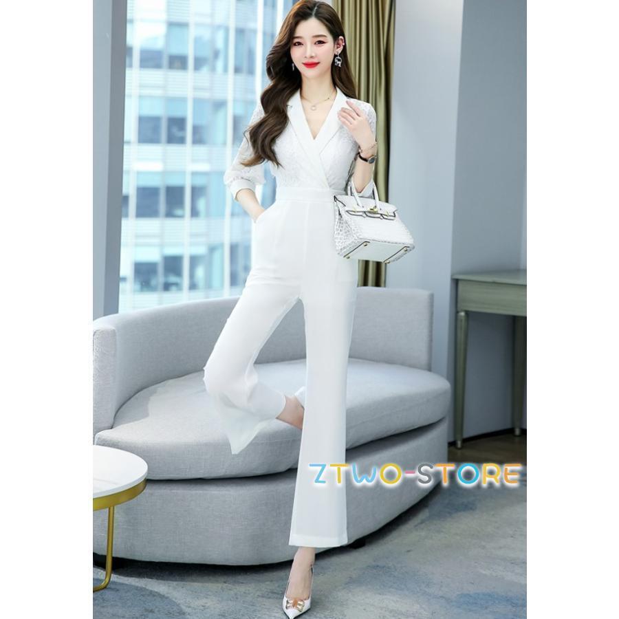 パンツドレス かっこいい パーティードレス 結婚式 お呼ばれドレス パンツ オールインワン レディース 大きいサイズ 3L 七分袖 袖あり 黒 白 レース袖 シアー袖