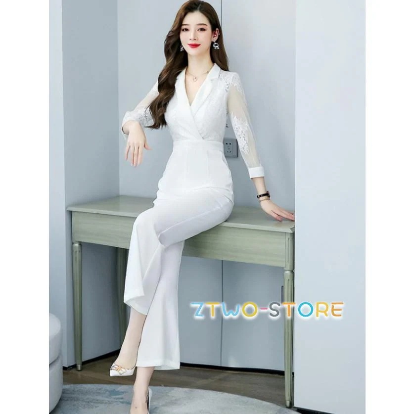 パンツドレス かっこいい パーティードレス 結婚式 お呼ばれドレス パンツ オールインワン レディース 大きいサイズ 3L 七分袖 袖あり 黒 白 レース袖 シアー袖