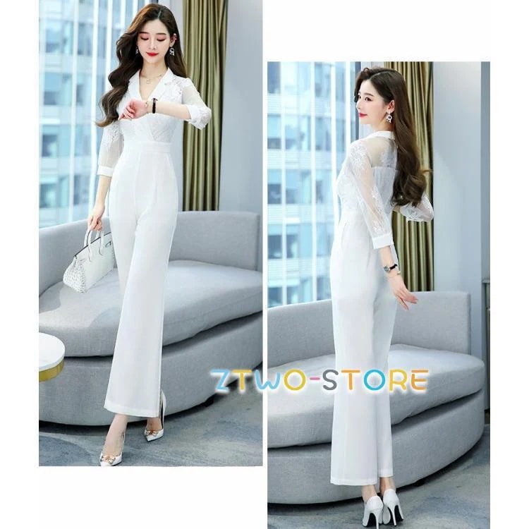 パンツドレス かっこいい パーティードレス 結婚式 お呼ばれドレス パンツ オールインワン レディース 大きいサイズ 3L 七分袖 袖あり 黒 白 レース袖 シアー袖