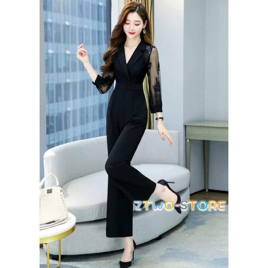 パンツドレス かっこいい パーティードレス 結婚式 お呼ばれドレス パンツ オールインワン レディース 大きいサイズ 3L 七分袖 袖あり 黒 白 レース袖 シアー袖