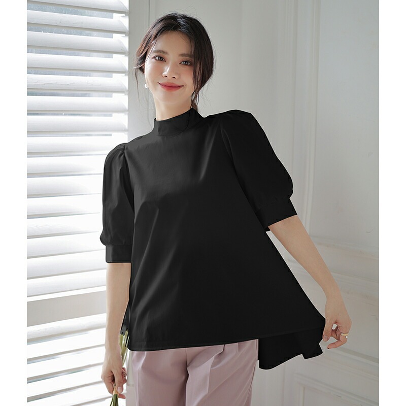 【OUTLET！クーポンで1,052円】 リボンブラウス ボリュームスリーブ 半袖 ハイネック シャツ ブラウス チュニック トップス レディース ボリューム袖 春 夏 フェミニン 可愛い 大人 上品