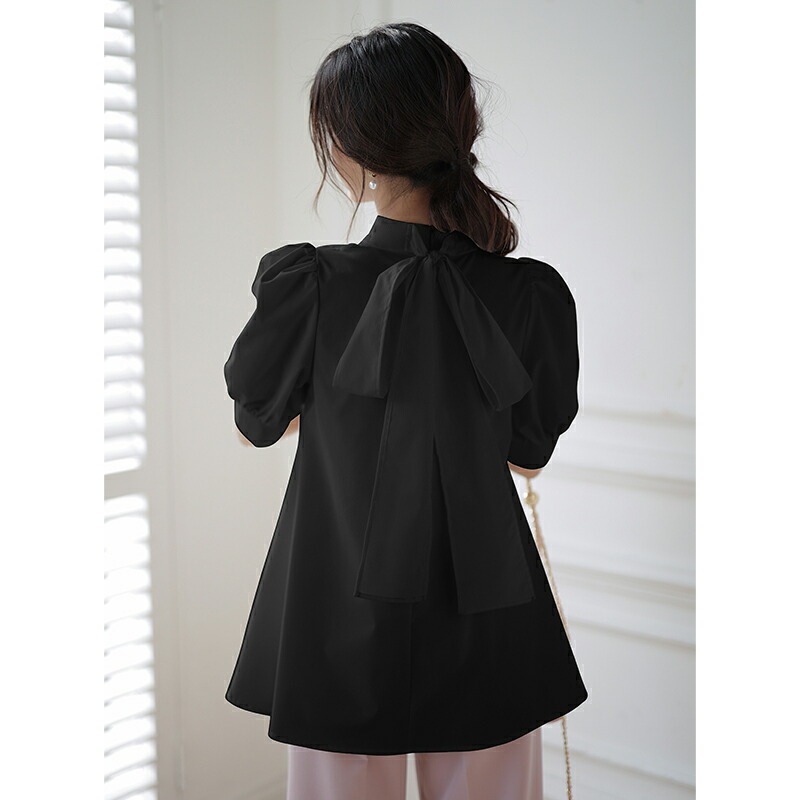 【OUTLET！クーポンで1,052円】 リボンブラウス ボリュームスリーブ 半袖 ハイネック シャツ ブラウス チュニック トップス レディース ボリューム袖 春 夏 フェミニン 可愛い 大人 上品