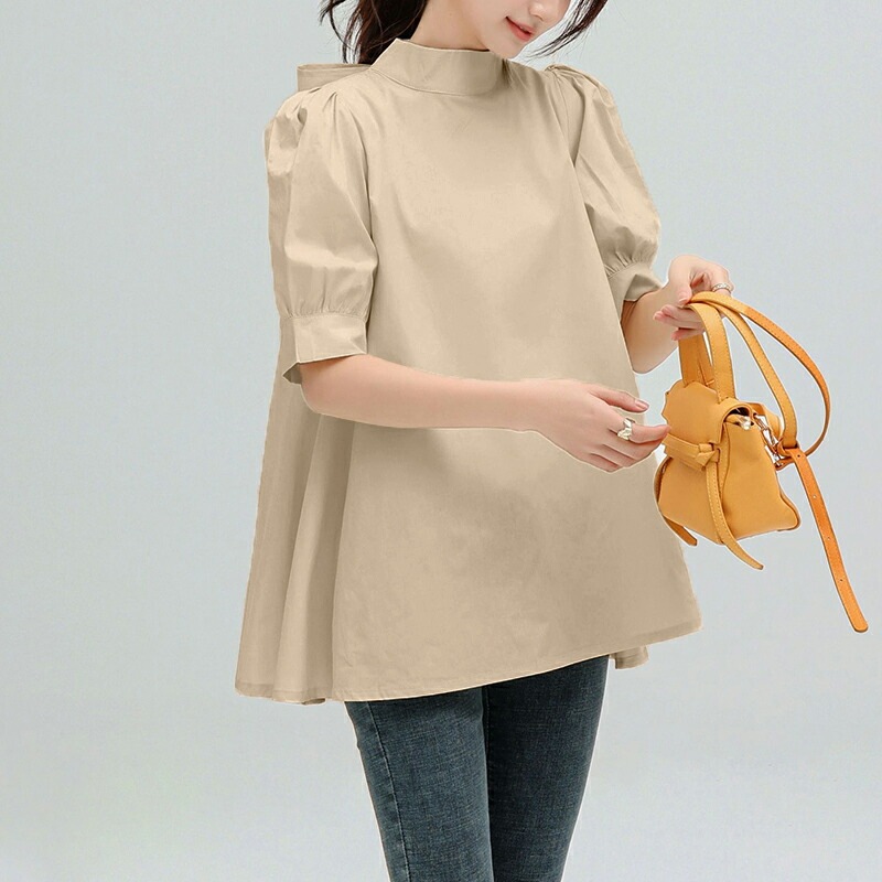 【OUTLET！クーポンで1,052円】 リボンブラウス ボリュームスリーブ 半袖 ハイネック シャツ ブラウス チュニック トップス レディース ボリューム袖 春 夏 フェミニン 可愛い 大人 上品