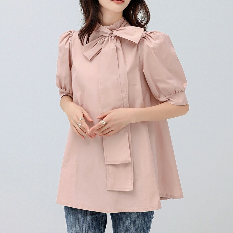 【OUTLET！クーポンで1,052円】 リボンブラウス ボリュームスリーブ 半袖 ハイネック シャツ ブラウス チュニック トップス レディース ボリューム袖 春 夏 フェミニン 可愛い 大人 上品