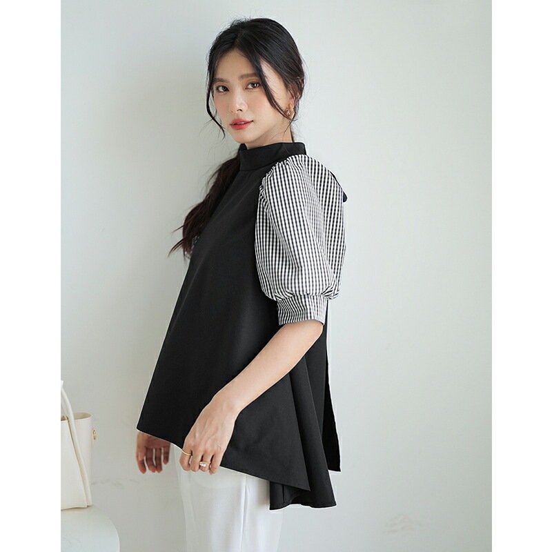 【OUTLET！クーポンで1,052円】 リボンブラウス ボリュームスリーブ 半袖 ハイネック シャツ ブラウス チュニック トップス レディース ボリューム袖 春 夏 フェミニン 可愛い 大人 上品