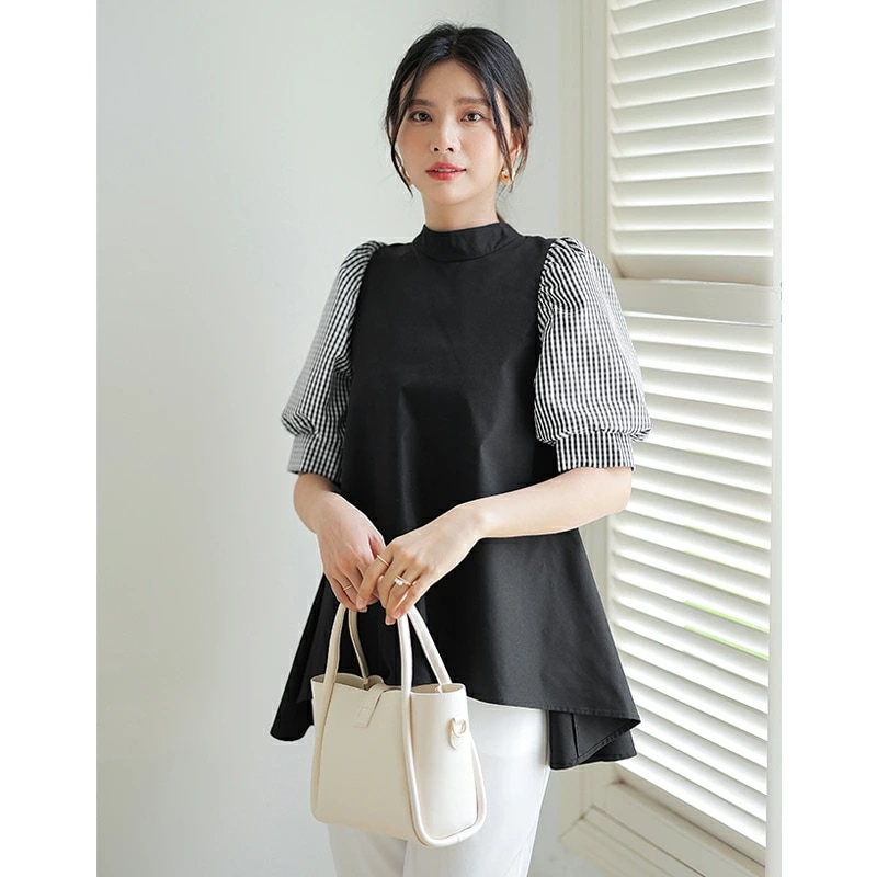 【OUTLET！クーポンで1,052円】 リボンブラウス ボリュームスリーブ 半袖 ハイネック シャツ ブラウス チュニック トップス レディース ボリューム袖 春 夏 フェミニン 可愛い 大人 上品