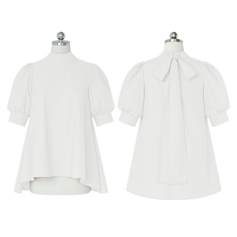 【OUTLET！クーポンで1,052円】 リボンブラウス ボリュームスリーブ 半袖 ハイネック シャツ ブラウス チュニック トップス レディース ボリューム袖 春 夏 フェミニン 可愛い 大人 上品
