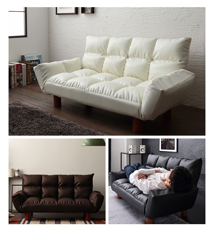 カウチソファ コンパクト 幅115cm 1人暮らし 6段階リクライニング 天然木 2WAY お手入れ簡単 PVCレザー ブラック ホワイト ダークブラウン モダン モノトーン かっこいい シンプル