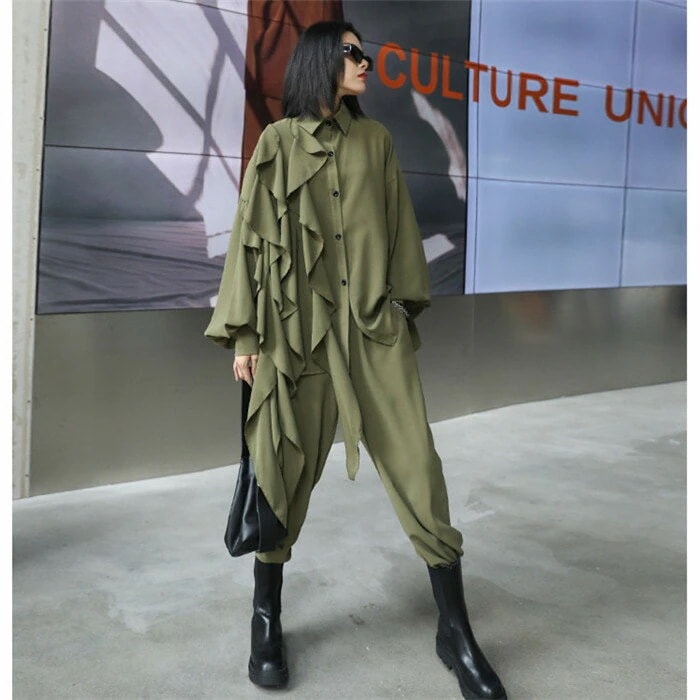 レディースきれいめセットアップ春秋長袖リーサイズグリーンブラック個性デザインアシメントリーブラウスワイドパンツ2点セットゆったり上品おしゃれ大きいサイズシンプルきれいめカジュアル レディースきれいめセットアップ春秋長袖リーサイズグリーンブラック個性デザインアシメントリーブラウスワイドパンツ2点セットゆったり上品おしゃれ大きいサイズシンプルきれいめカジュアル