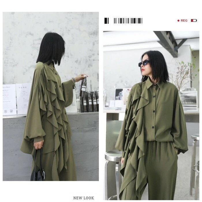 レディースきれいめセットアップ春秋長袖リーサイズグリーンブラック個性デザインアシメントリーブラウスワイドパンツ2点セットゆったり上品おしゃれ大きいサイズシンプルきれいめカジュアル レディースきれいめセットアップ春秋長袖リーサイズグリーンブラック個性デザインアシメントリーブラウスワイドパンツ2点セットゆったり上品おしゃれ大きいサイズシンプルきれいめカジュアル