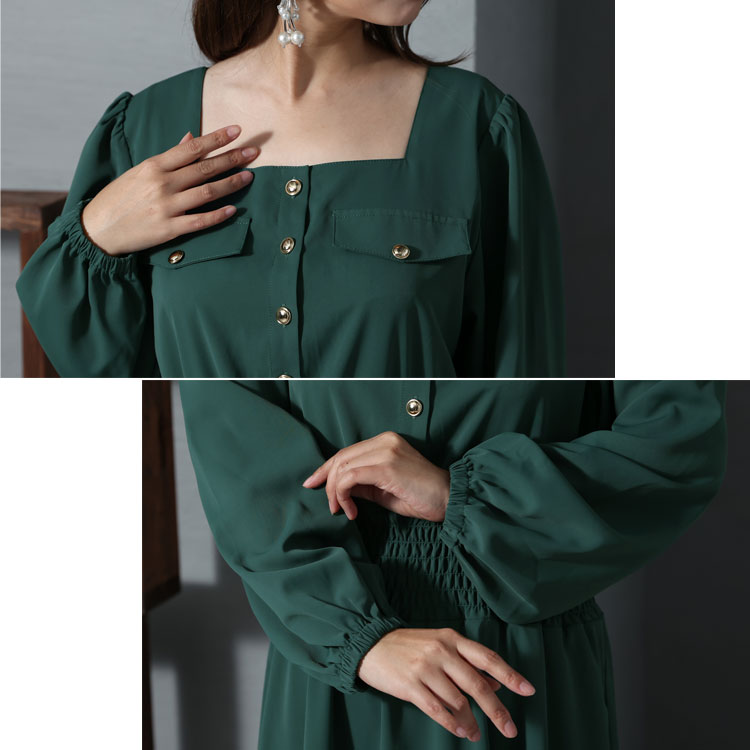 大きいサイズ レディース ワンピース スクエアネックシャーリングワンピース ワンピ ロングワンピース 長袖 ロング スクエアネック シャーリング フレア ボリューム袖 ボタン 無地 秋新作 秋服 春服