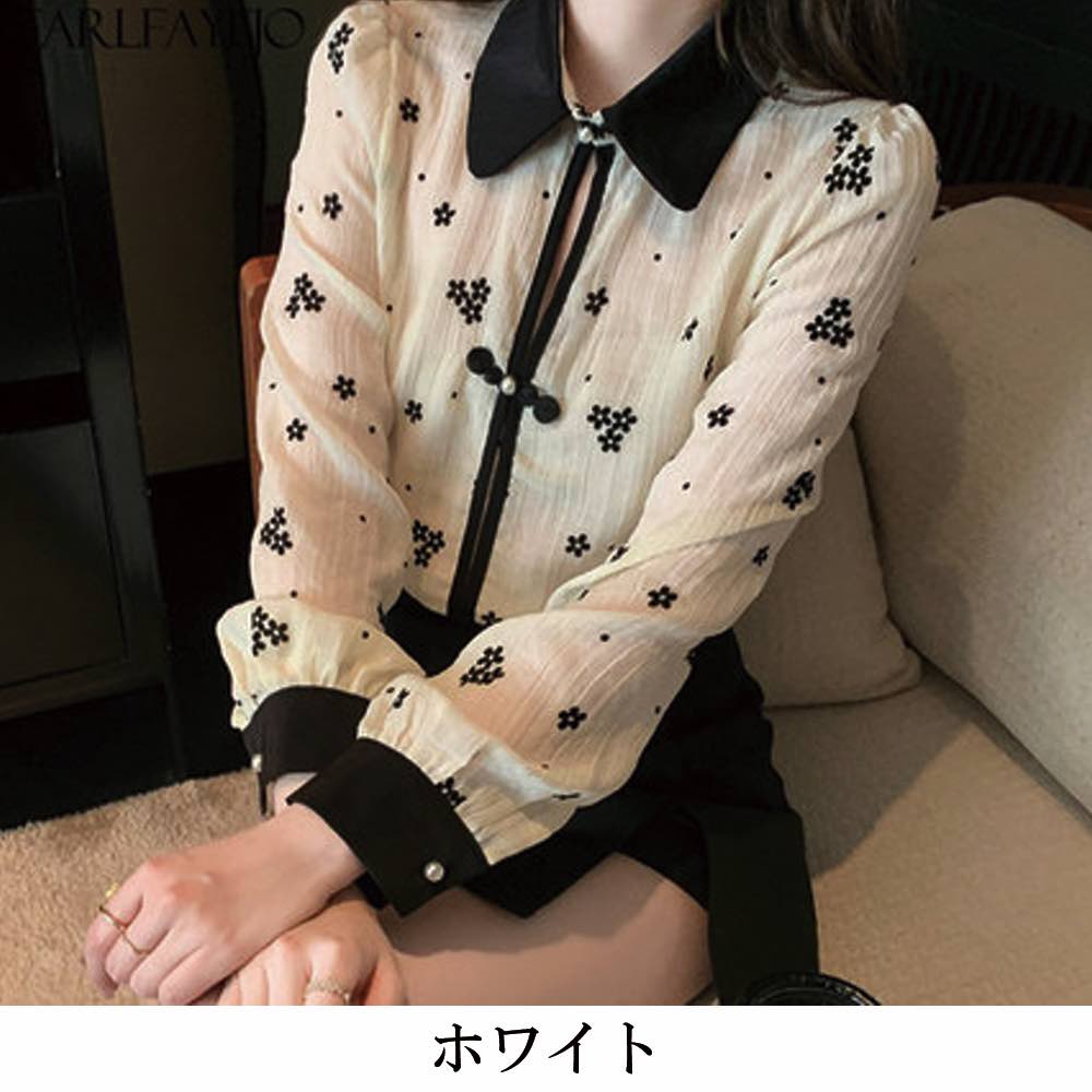 ブラウス レディース 花柄刺繍シアーブラウス 高品質 長袖 人気 フォーマル 白 事務服 厚手 黒 オフィス レース シフォン フリル おしゃれ ボウタイ Tシャツ カジュアル ブランド きれいめ ノ