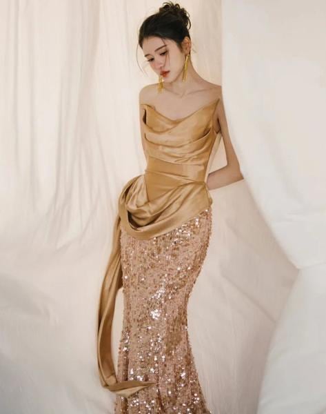 ゴールドドレス カラードレス ウェディングドレスパーティードレス カラードレス ゴールド 演奏会 結婚式 花嫁 ロング 披露宴