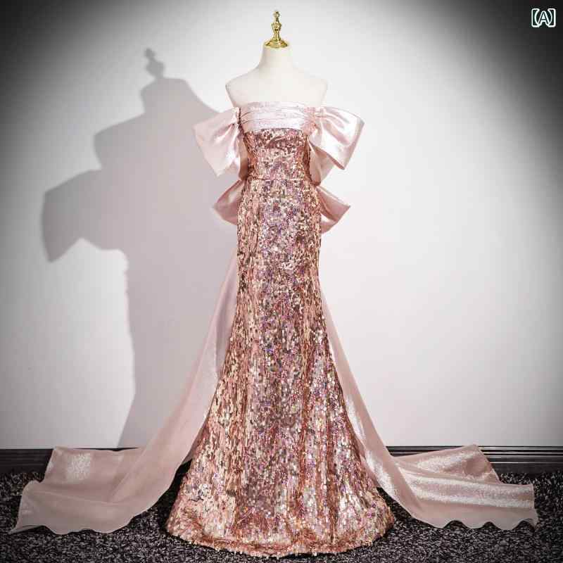 ドレス　パーティー　レディース 女性用 ピンクの スパンコール 付き イブニングドレス 高級 年次 総会 ホスト チューブ トップ トースト ドレス 花嫁の リボン