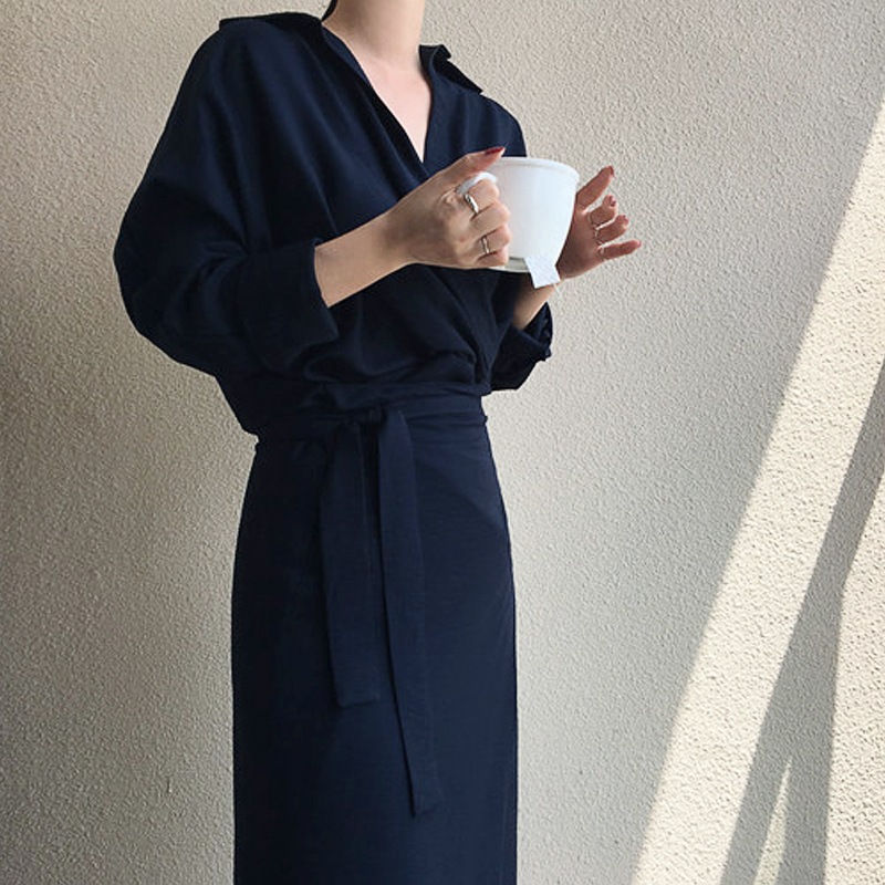 ンピース ラップスカート タイト 膝丈 ミモレ Vネック 長袖 ドロップショルダー ウエストマーク ベルト 大人可愛い きれいめ ラフ 春 秋 オフィス OL デート お出かけ ネイビー ンピース ラップスカート タイト 膝丈 ミモレ Vネック 長袖 ドロップショルダー ウエストマーク ベルト 大人可愛い きれいめ ラフ 春 秋 オフィス OL デート お出かけ ネイビー
