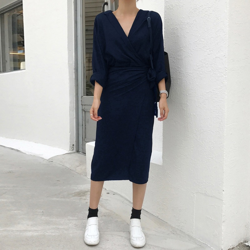 ンピース ラップスカート タイト 膝丈 ミモレ Vネック 長袖 ドロップショルダー ウエストマーク ベルト 大人可愛い きれいめ ラフ 春 秋 オフィス OL デート お出かけ ネイビー ンピース ラップスカート タイト 膝丈 ミモレ Vネック 長袖 ドロップショルダー ウエストマーク ベルト 大人可愛い きれいめ ラフ 春 秋 オフィス OL デート お出かけ ネイビー