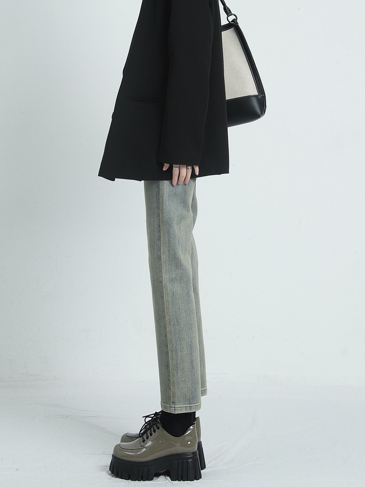 ヴィンテージ青と黄色のストレートジーンズ女性新しいハイウlエスト細い9分小さいサイズ息子 ヴィンテージ青と黄色のストレートジーンズ女性新しいハイウlエスト細い9分小さいサイズ息子