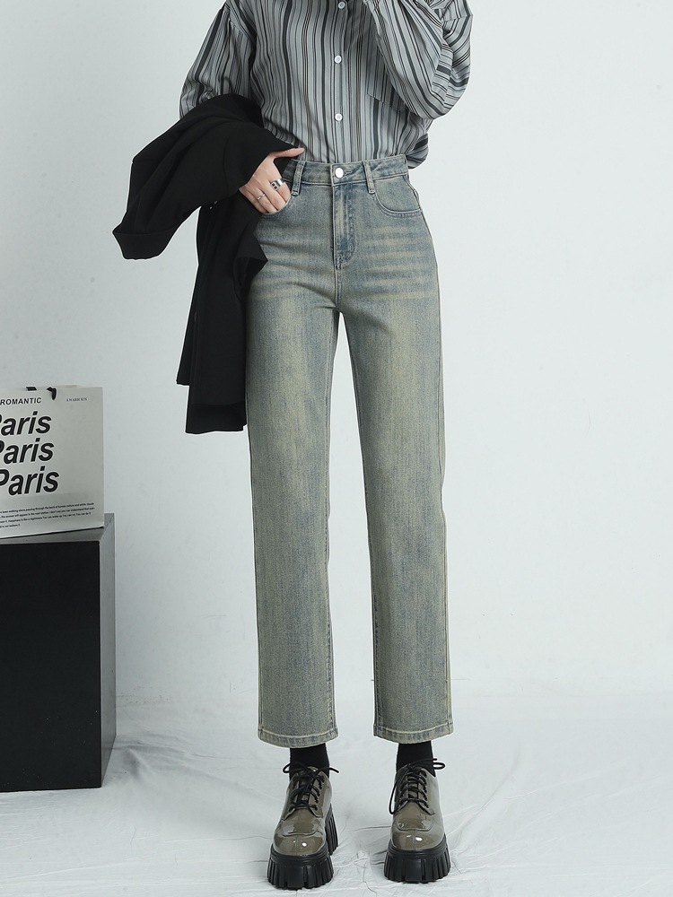 ヴィンテージ青と黄色のストレートジーンズ女性新しいハイウlエスト細い9分小さいサイズ息子 ヴィンテージ青と黄色のストレートジーンズ女性新しいハイウlエスト細い9分小さいサイズ息子