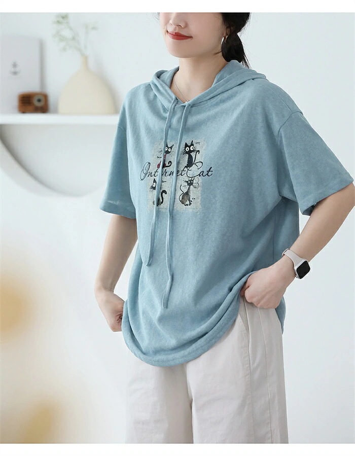 【20点セット】パーカー トップス レディース 夏 フード付き 半袖 猫柄 tシャツ 5分袖 ネコ ブラウス チュニック プルオーバー プルオーバーパーカー 半袖パーカー tシャツ カジュアル シンプ