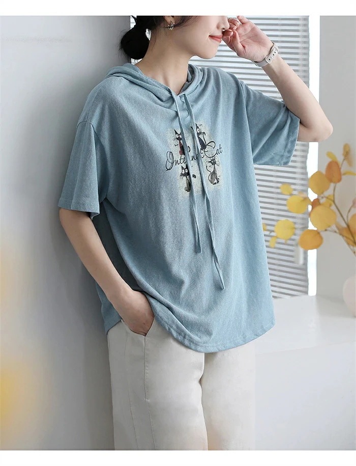 【20点セット】パーカー トップス レディース 夏 フード付き 半袖 猫柄 tシャツ 5分袖 ネコ ブラウス チュニック プルオーバー プルオーバーパーカー 半袖パーカー tシャツ カジュアル シンプ