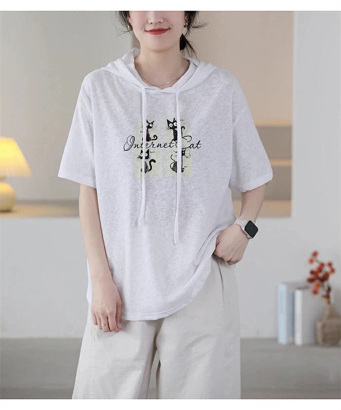 【20点セット】パーカー トップス レディース 夏 フード付き 半袖 猫柄 tシャツ 5分袖 ネコ ブラウス チュニック プルオーバー プルオーバーパーカー 半袖パーカー tシャツ カジュアル シンプ