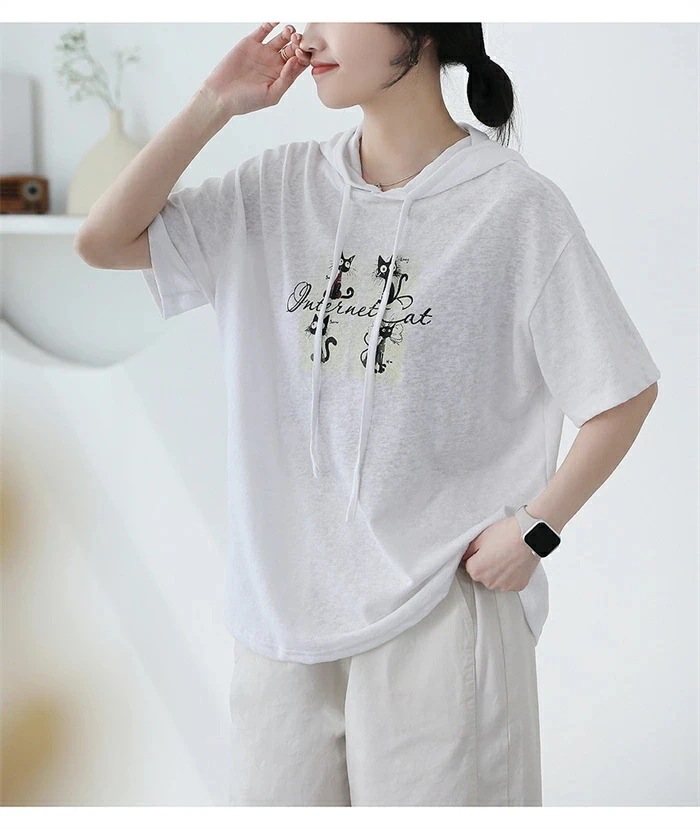 【20点セット】パーカー トップス レディース 夏 フード付き 半袖 猫柄 tシャツ 5分袖 ネコ ブラウス チュニック プルオーバー プルオーバーパーカー 半袖パーカー tシャツ カジュアル シンプ