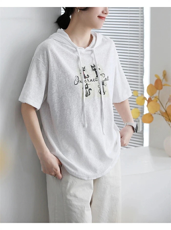 【20点セット】パーカー トップス レディース 夏 フード付き 半袖 猫柄 tシャツ 5分袖 ネコ ブラウス チュニック プルオーバー プルオーバーパーカー 半袖パーカー tシャツ カジュアル シンプ