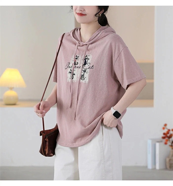 【20点セット】パーカー トップス レディース 夏 フード付き 半袖 猫柄 tシャツ 5分袖 ネコ ブラウス チュニック プルオーバー プルオーバーパーカー 半袖パーカー tシャツ カジュアル シンプ