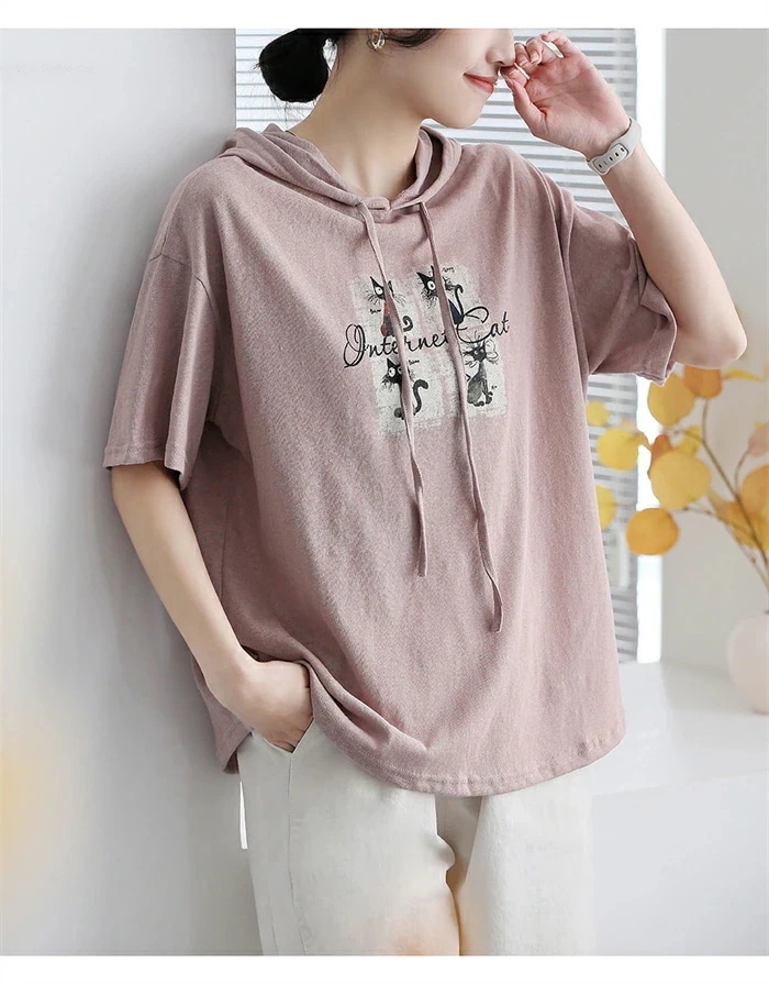 【20点セット】パーカー トップス レディース 夏 フード付き 半袖 猫柄 tシャツ 5分袖 ネコ ブラウス チュニック プルオーバー プルオーバーパーカー 半袖パーカー tシャツ カジュアル シンプ