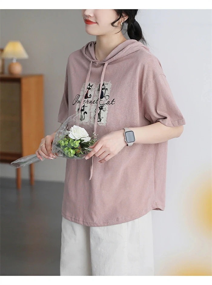 【20点セット】パーカー トップス レディース 夏 フード付き 半袖 猫柄 tシャツ 5分袖 ネコ ブラウス チュニック プルオーバー プルオーバーパーカー 半袖パーカー tシャツ カジュアル シンプ