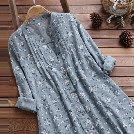 レディース トップス シャツ 羽織 前開き ミディアム丈 長袖 ラウンドネック 襟なし ノーカラー フレア Aライン ドレープ フェミニン プリーツ タック タックプリーツ コットン カジュアル