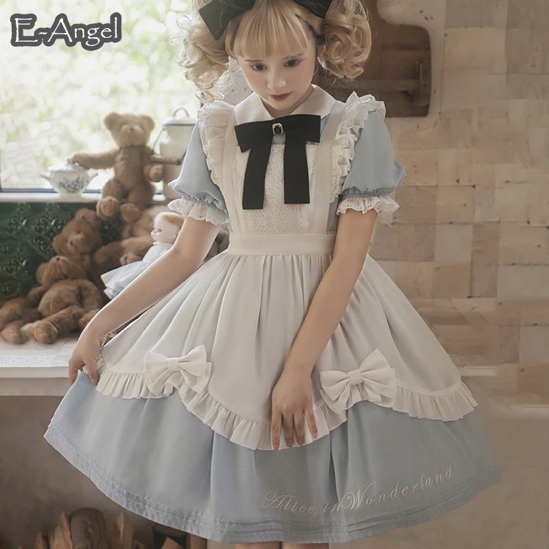メイド服 コスプレ 水色 黒色 『アリス』ドレス ロリータ ワンピース 夏 半袖 膝丈 英字刺繍 パフスリーブ ハロウィンコスチューム