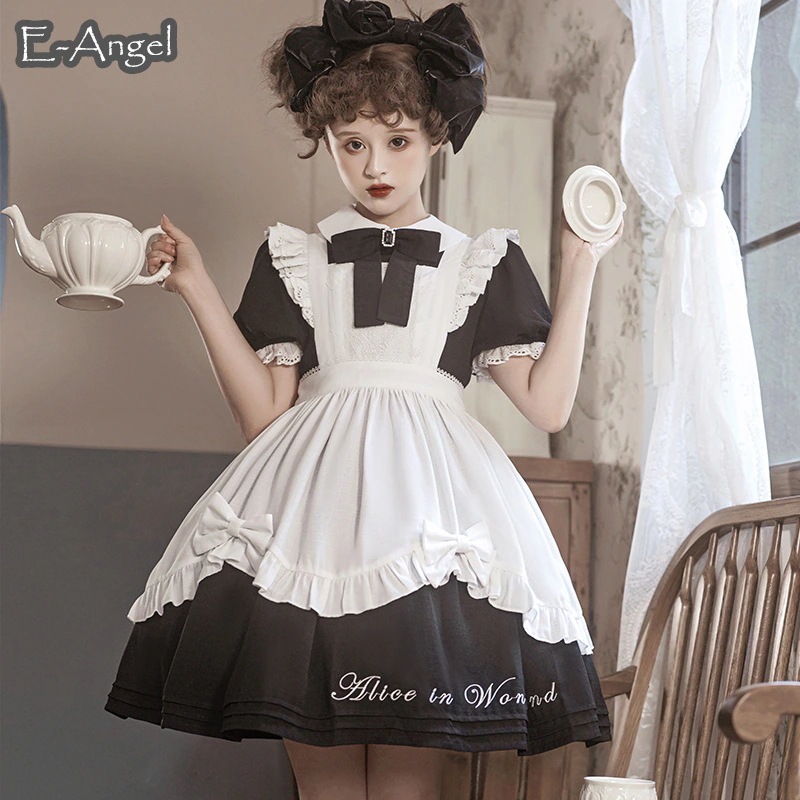 メイド服 コスプレ 水色 黒色 『アリス』ドレス ロリータ ワンピース 夏 半袖 膝丈 英字刺繍 パフスリーブ ハロウィンコスチューム