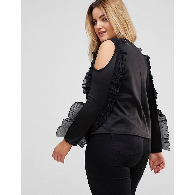 クラブエル レディース トップス【Club L Plus Ruffle Cold Shoulder Top】Black クラブエル レディース トップス【Club L Plus Ruffle Cold Shoulder Top】Black