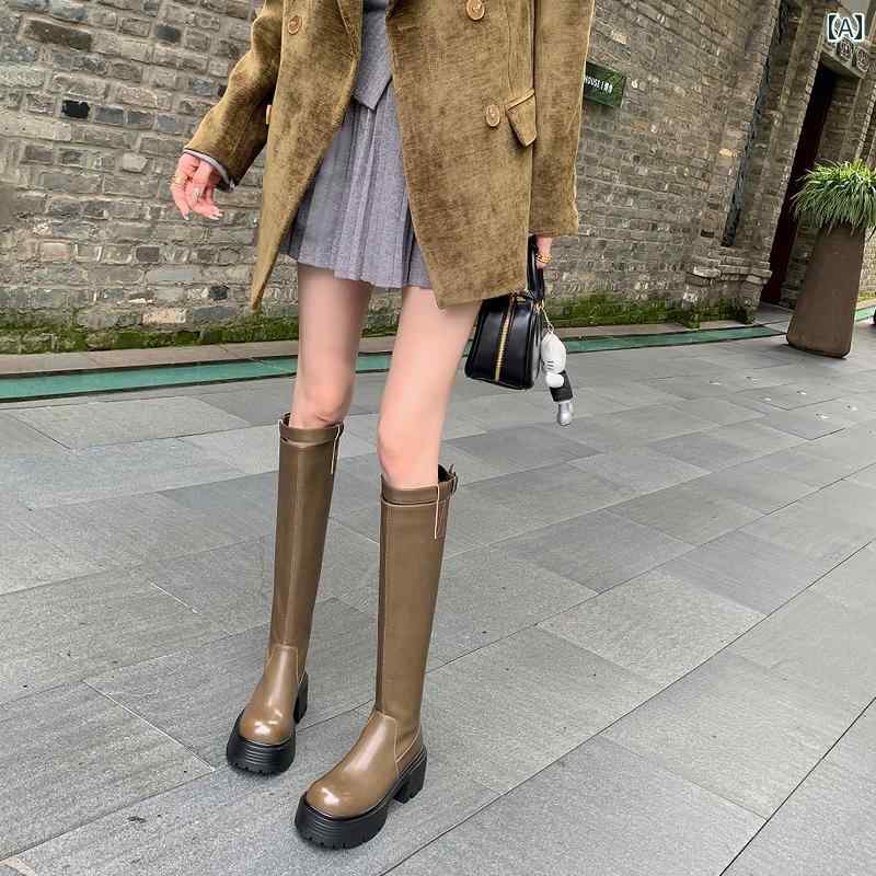 ロングブーツ レディース タイトフィット シンプル おしゃれ スタイルアップ 女性用 厚底 革 ラウンドトゥ 着痩せ トール ブーツ ナイト ブーツ 小柄の方 快適 トール ブーツ
