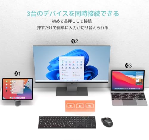Arteck Bluetoothキーボード 日本語配列 マルチデバイス ステンレススチール フルサイズキーボード iOS, Android, WindowsタブレットPC スマートフォンとの互換性あり